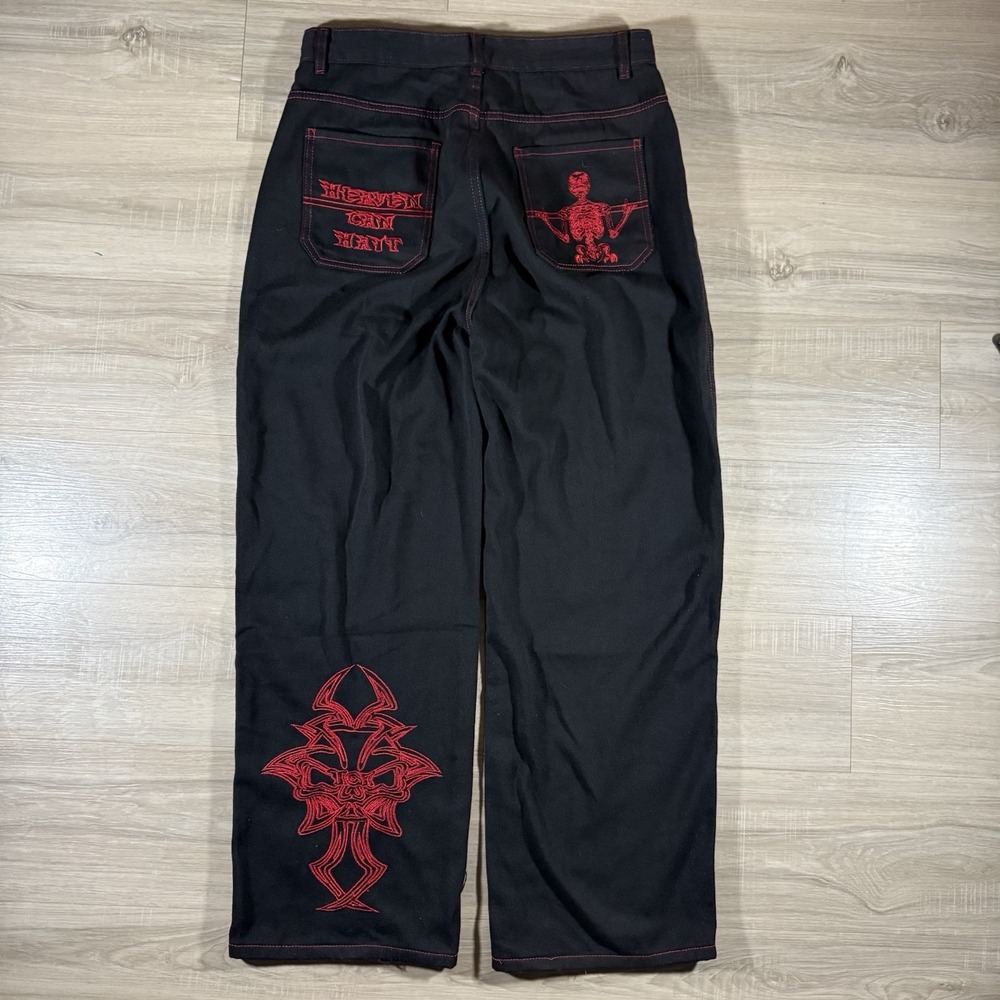 Heaven Can Wait Embroidered Y2k Jeans 33x29 Baggy Wide Leg Black Skull Skeleton